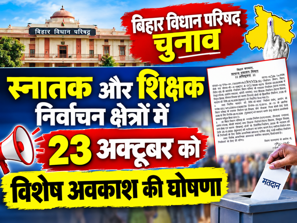 बिहार विधान परिषद चुनाव: स्नातक और शिक्षक निर्वाचन क्षेत्रों में 23 अक्टूबर को विशेष अवकाश की घोषणा